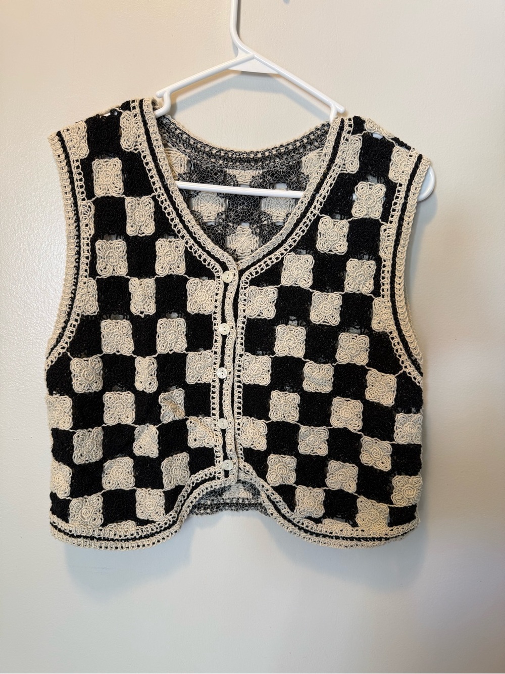 SHEIN Black and Cream Crochet Checkered Vest